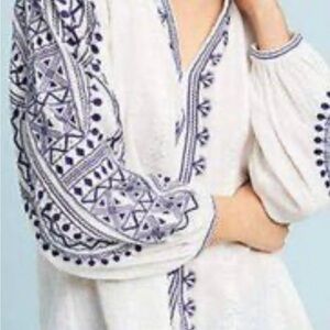 Boho Chic White and Blue Embroidered Blouse